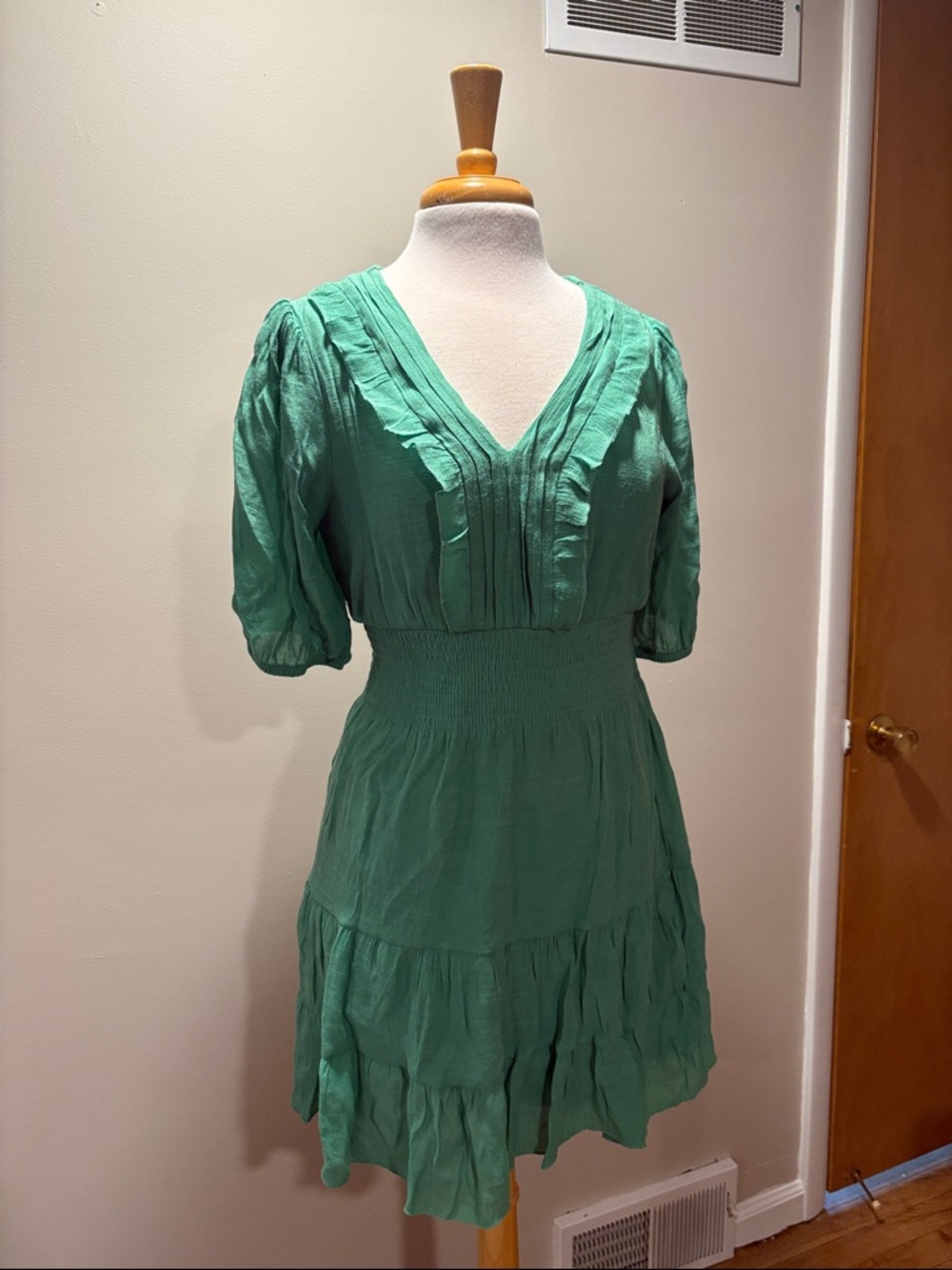 Green V-Neck Tiered Mini Dress with Shirred Waist